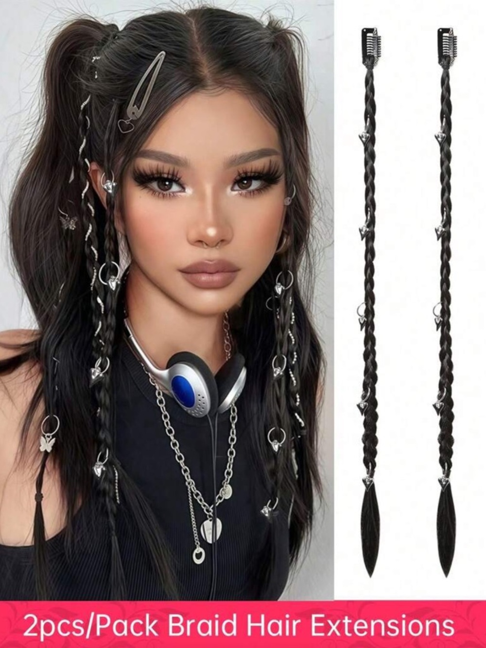 Black Braided Hair Extensions with Silver Charms